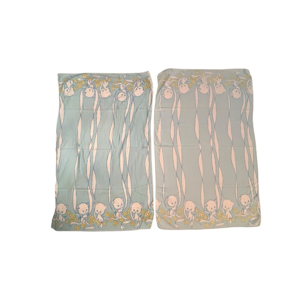 Vintage Nursery Cat Kittens Flower Flannel Blanket 33"‎ X 21" Blue Pink Baby